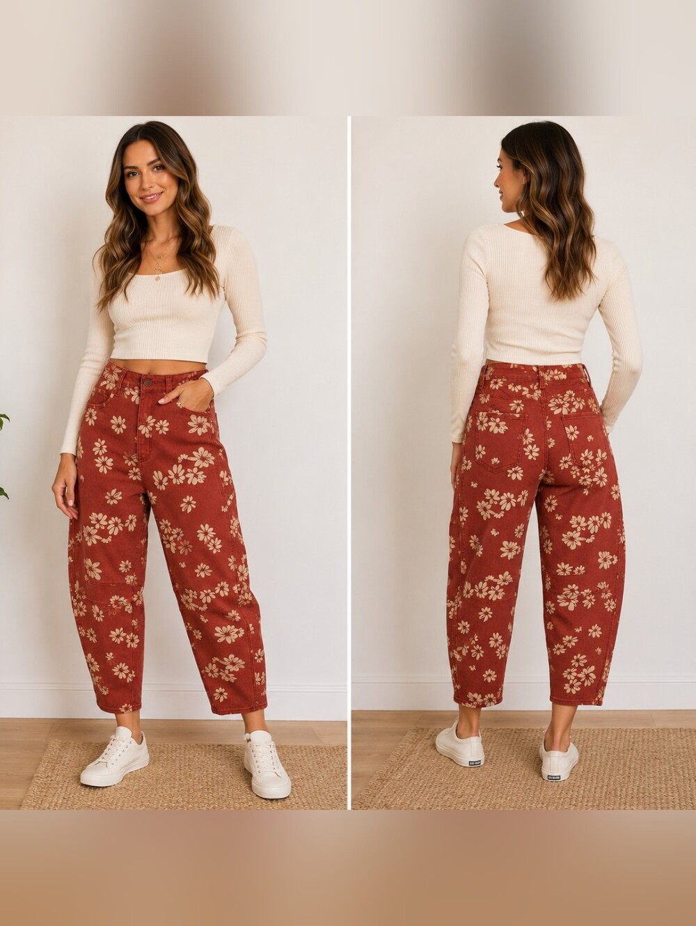 Loveimgs Floral Barrel Leg Jeans Size M Rust Orange Cream Daisy Print Cottagecor